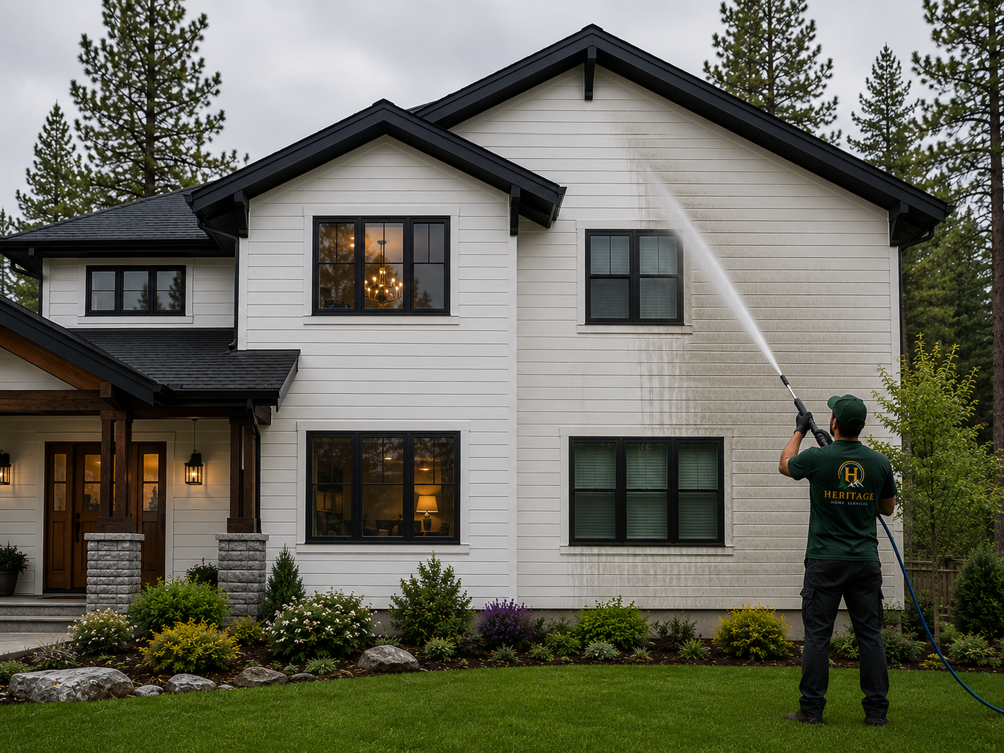 Heritage Home Services technician soft washing house exterior siding on a North Idaho home