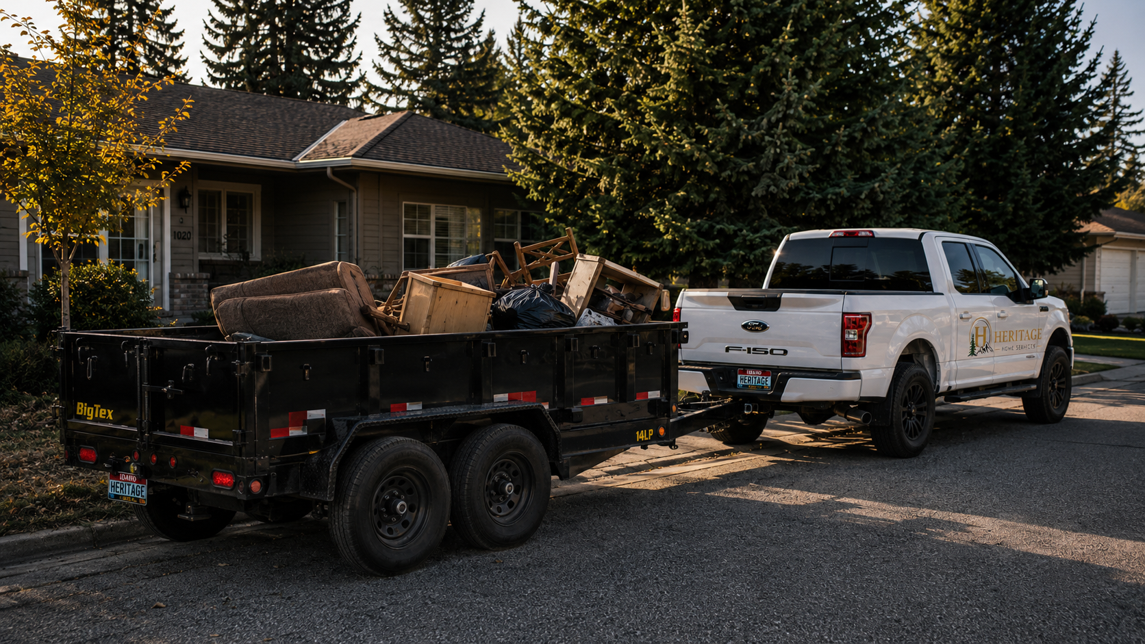 Heritage Home Services F-150 and trailer loaded after a junk removal job in Coeur d'Alene, Idaho