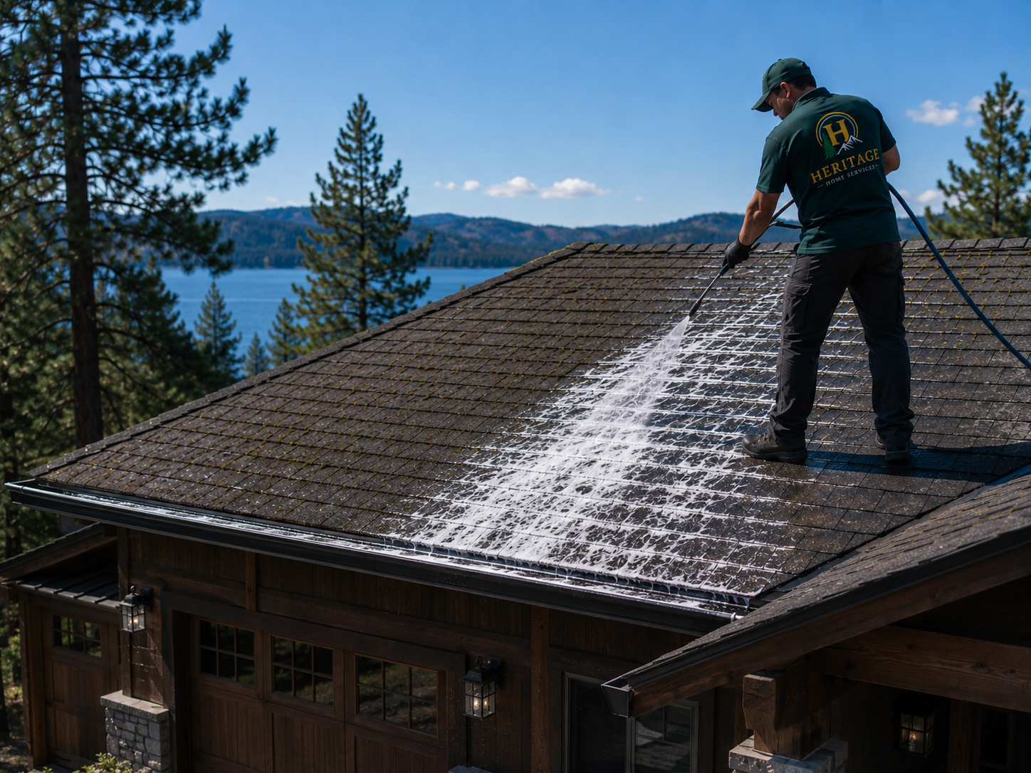 Heritage Home Services technician soft washing a roof overlooking Lake Coeur d'Alene, Idaho